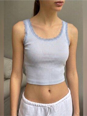 RARE Brandy Melville Ronnie Baby Blue Ribbed Lace Trim cropped Tank Top cotton s